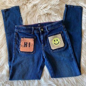 GAP Sz 12 Kids Regular Stretch Super Skinny Jeans Sequin Hi Smile